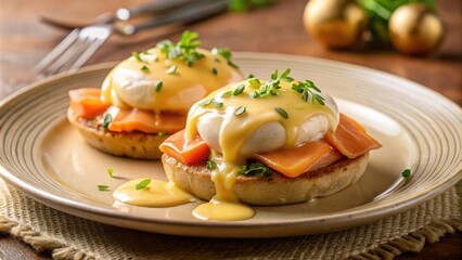 Delicious Smoked Salmon and Poached Eggs Benedict with Hollandaise Sauce on Buttery Toasted Bread