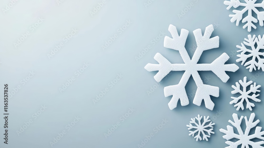 Poster Snowflake abstract background idea. A serene composition of white snowflakes on a soft blue background.