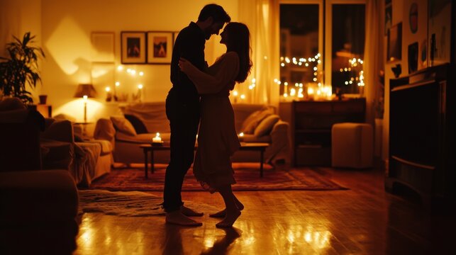Silhouette of a couple embracing in a warmly lit living room. - Powered by Adobe