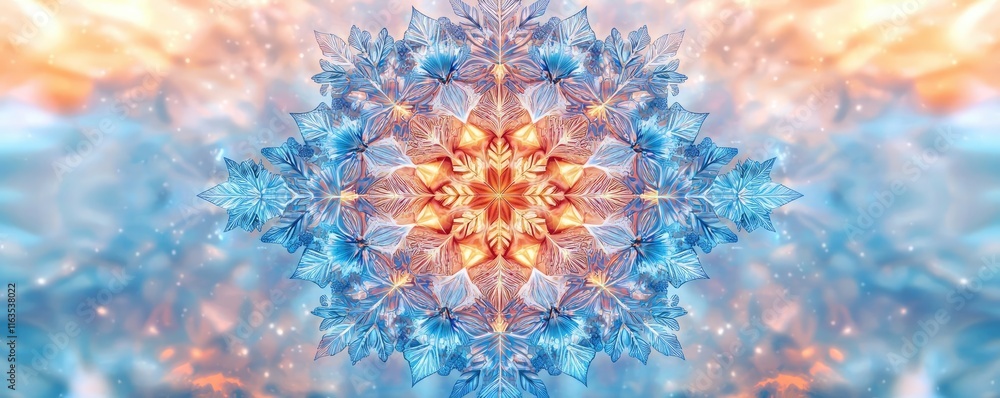 Poster Snowflake abstract background idea. Abstract kaleidoscopic design with vibrant colors and intricate patterns.