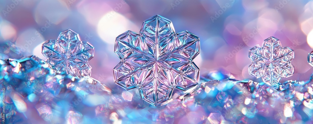 Poster snowflake abstract background idea. beautiful crystal snowflakes sparkle against a colorful, blurred