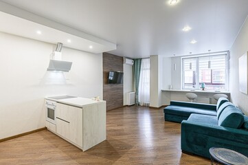 interior apartment kitchen and dining room, refectory area, cooking equipment, table furniture, stove