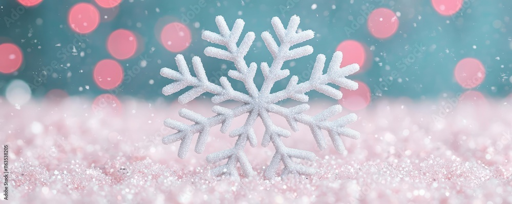 Aufkleber Snowflake abstract background idea. A beautiful snowflake resting on soft pink snow with a dreamy bokeh background.