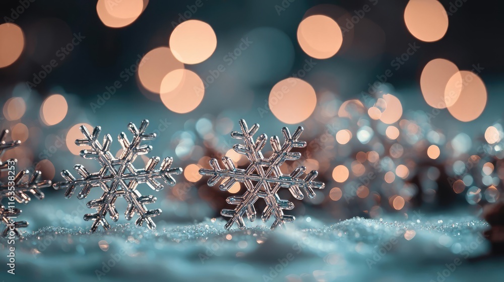 Poster snowflake abstract background idea. beautiful snowflakes sparkling under warm festive lights, creati