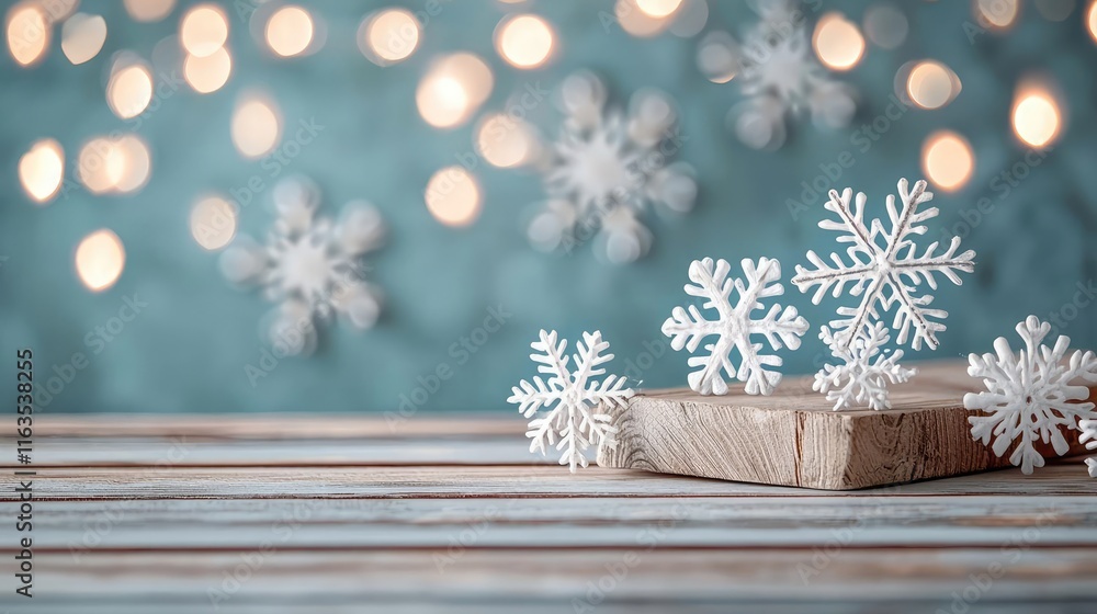 Poster Snowflake abstract background idea. Beautiful snowflakes on wooden table, creating a cozy winter atmosphere with lights.