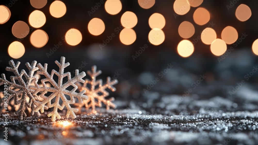 Aufkleber Snowflake abstract background idea. Beautiful snowflakes glisten on a dark surface with soft bokeh lights in the background.