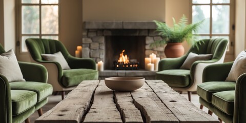 Obraz premium Modern living room with rustic wooden table and cozy fireplace in a serene setting