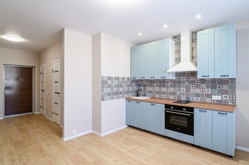 interior apartment kitchen and dining room, refectory area, cooking equipment, table furniture,...