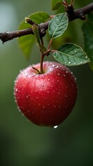 Obraz premium Red apple hanging on a tree in dew, close-up