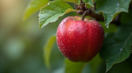 Obraz premium Red apple hanging on a tree in dew, close-up
