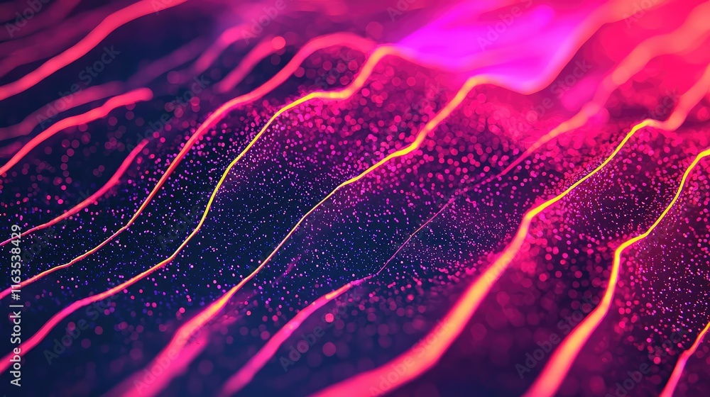 Poster Splatter abstract background concept. Vibrant abstract background with flowing lines and glowing particles in pink and purple tones.