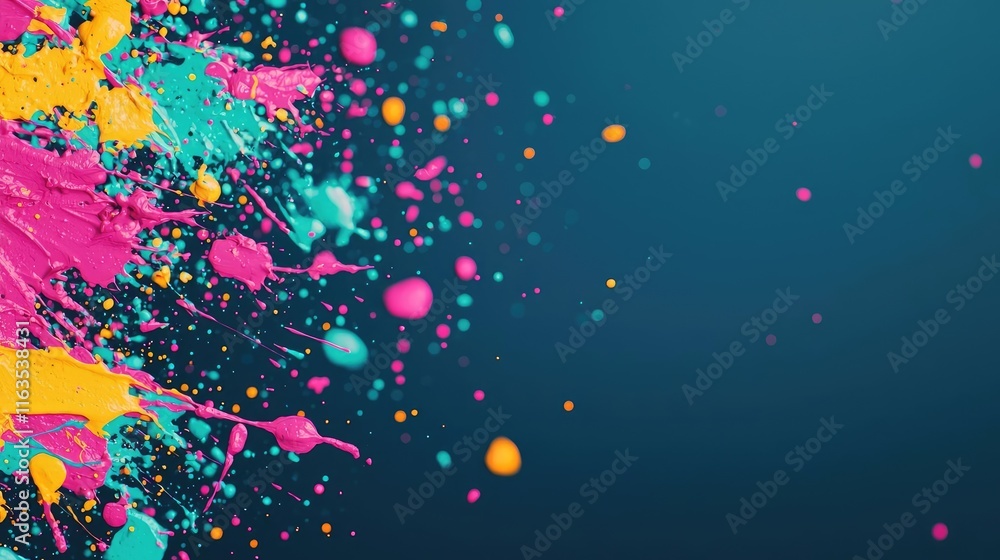 Poster Splatter abstract background concept. Vibrant splashes of paint create a dynamic and colorful background for creative projects.