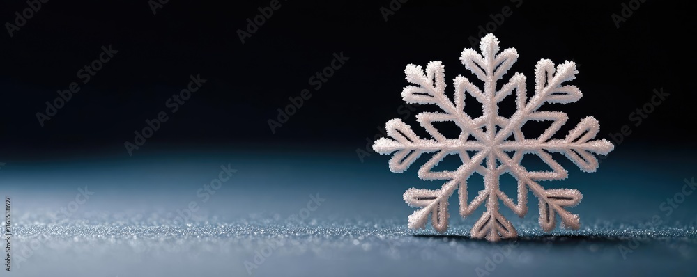 Poster Snowflake abstract background idea. A close-up of a delicate snowflake resting on a smooth surface, showcasing intricate details.