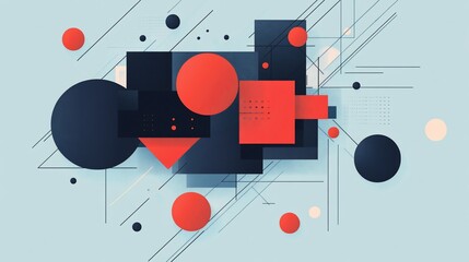 Obraz premium Abstract geometric shapes composition with circles, squares, and lines in shades of red, black, and gray on a light blue background.