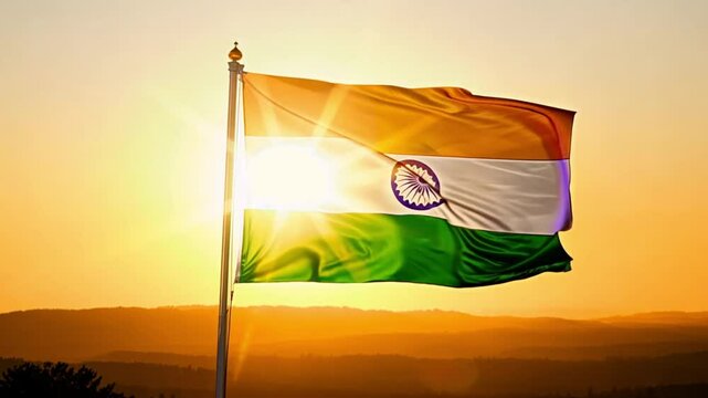 indian flag waving at sunset. generative ai