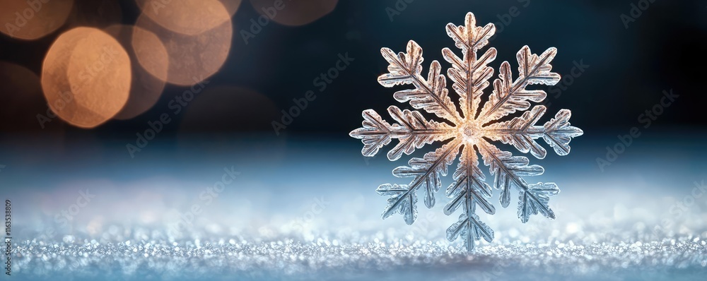 Poster Snowflake abstract background idea. A delicate snowflake resting on a shimmering surface, capturing winter's beauty.