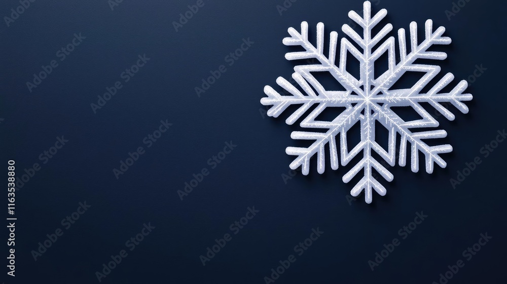 Poster Snowflake abstract background idea. A close-up of a delicate snowflake against a dark blue background, showcasing winter beauty.