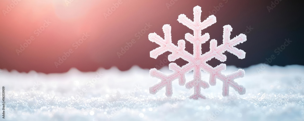 Poster Snowflake abstract background idea. Delicate snowflake resting on soft, white snow, illuminated by gentle sunlight.