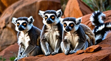 Fototapeta premium Group of playful lemurs lounging on rocks during a sunny afternoon in their natural habitat observing their surroundings with curious eyes
