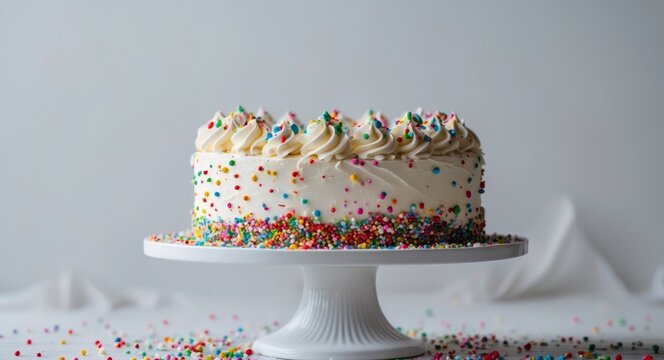 Colorful festive cake with sprinkles and frosting on display for a celebration occasion