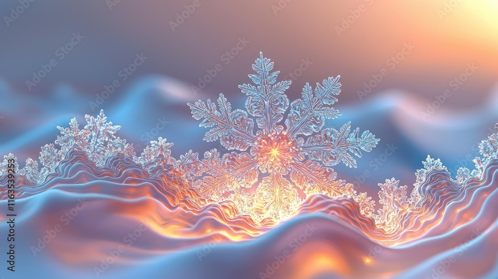 Poster Snowflake abstract background idea. Beautiful ice crystal glowing in an ethereal landscape of soft waves and warm light.
