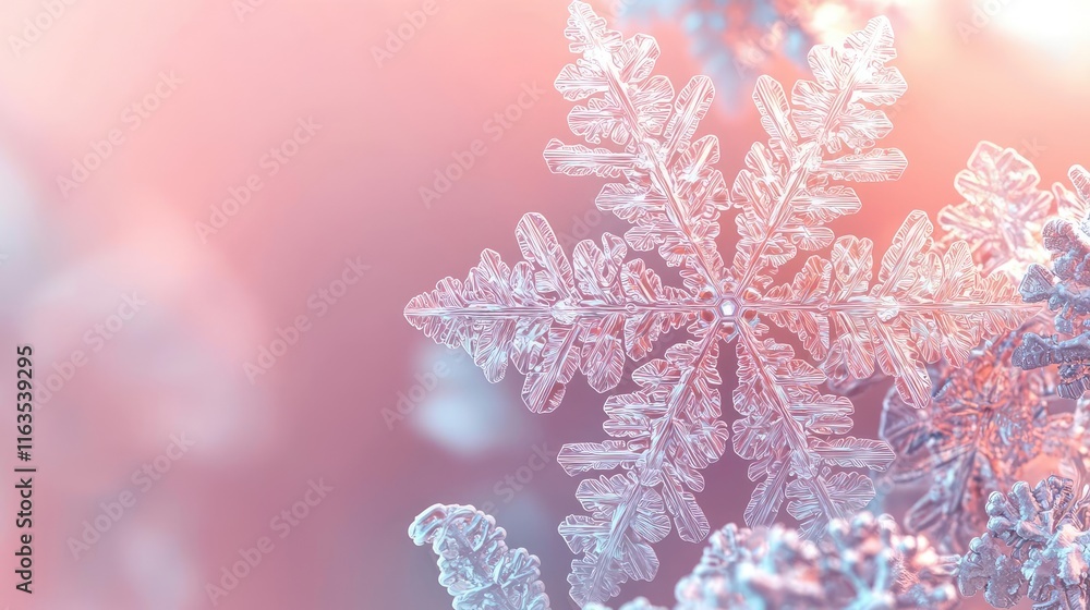 Poster Snowflake abstract background idea. Close-up of a beautifully detailed snowflake against a soft pastel background.