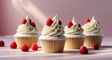 Beautifully Decorated Cupcakes with Creamy Frosting and Fresh Raspberries on a Pink Background Perfect for Celebrations and Sweet Treats