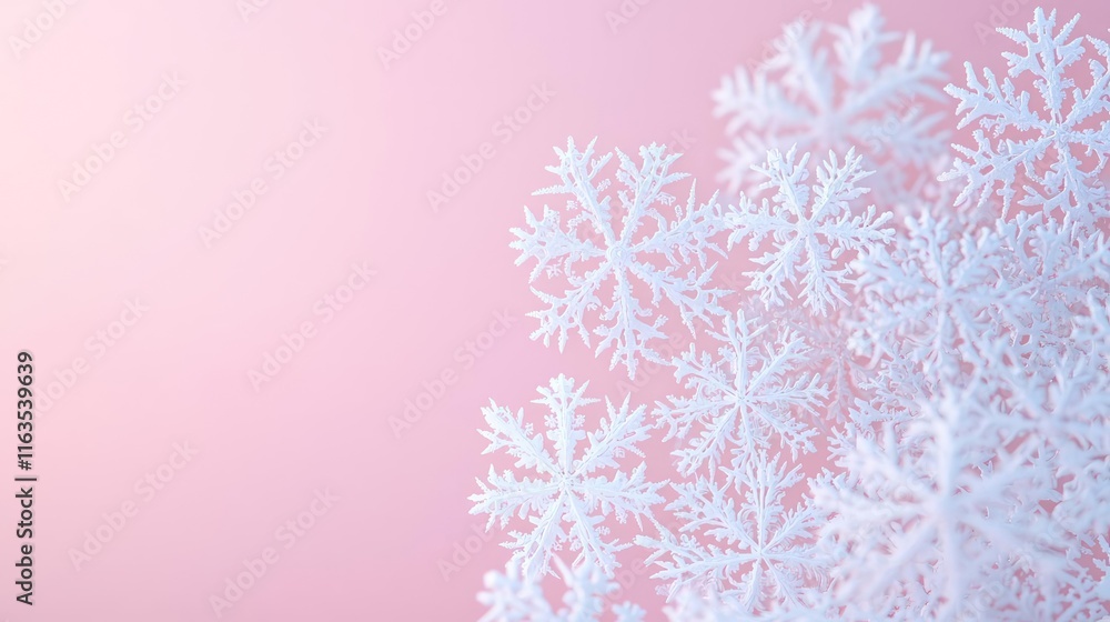 Poster Snowflake abstract background idea. Delicate snowflakes on a soft pink background, creating a serene winter atmosphere.