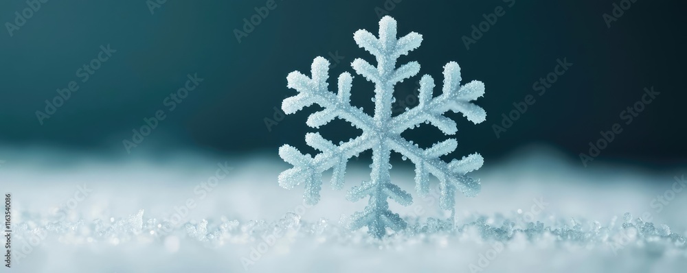 Poster Snowflake abstract background idea. A close-up image of a delicate snowflake resting on a bed of snow.