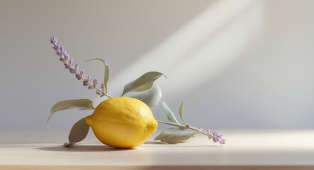 A lemon and a sprig of lavender are on a table