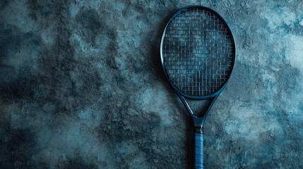 A close-up of a padel racket on a textured surface with ample copy space for sport-related themes.