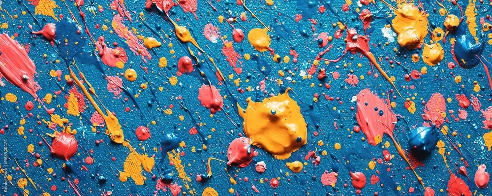 Poster Splatter abstract background concept. Vibrant splashes of paint create an artistic expression on a blue canvas surface.