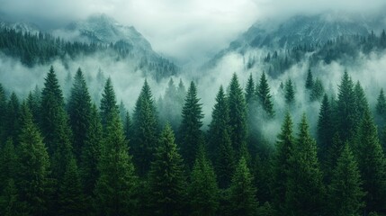 Obraz premium Misty Mountain Forest Serene Evergreen Landscape