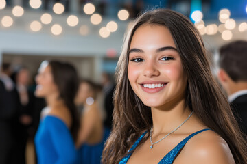A joyful teenage girl in a blue dress smiles brightly at a prom event, surrounded by elegant decor and glowing lights