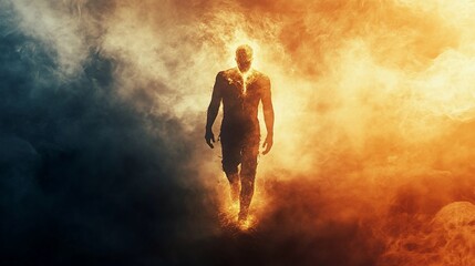 Obraz premium A figure walks through a fiery and smoky abyss.