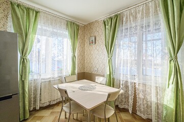 interior apartment kitchen and dining room, refectory area, cooking equipment, table furniture,...