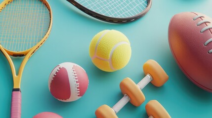 A mix of sports equipment like tennis rackets, footballs, and dumbbells on a clean surface with copy space.
