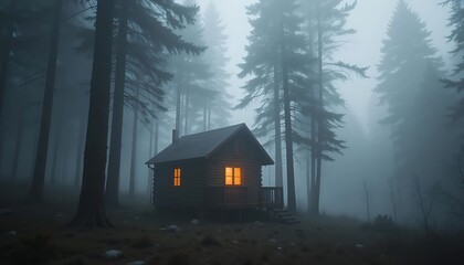 Mysterious Cabin in a Foggy Forest