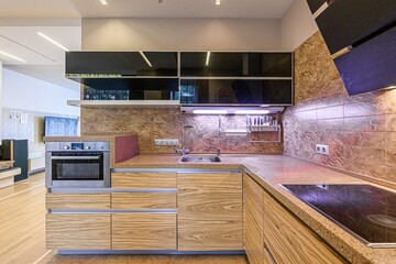 interior apartment kitchen and dining room, refectory area, cooking equipment, table furniture,...