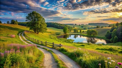 Obraz premium Serene Sunset Landscape A Picturesque Country Road Winding Through Lush Green Meadows, Past a Tranquil Pond, and Underneath a Vibrant Sky