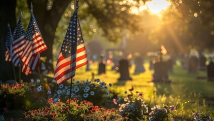 American flags placed at military graves, solemn and respectful, Memorial Day tribute to fallen soldiers, serene cemetery landscape