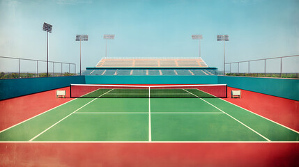 Obraz premium vintage style depiction of tennis court with muted colors and serene atmosphere