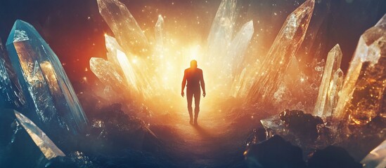 Person walking through a crystal cave.