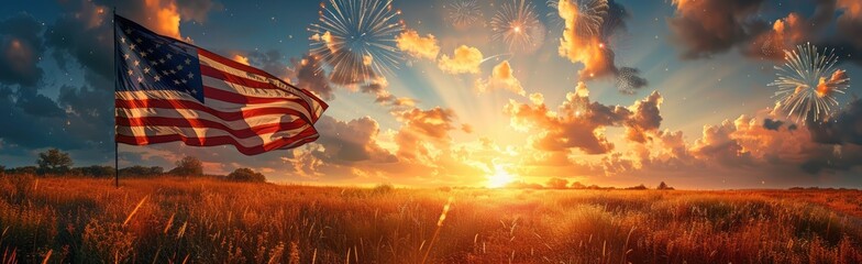 Naklejka premium In evening American flag waving sunset. Sunrise, concept of 4th of July Independence day, Labor Day. Memorial Day, president day, graveyard, concept.