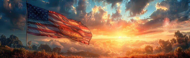 Naklejka premium In evening American flag waving sunset. Sunrise, concept of 4th of July Independence day, Labor Day. Memorial Day, president day, graveyard, concept.