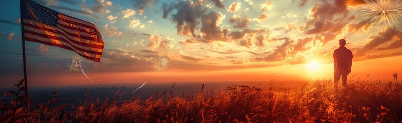 Naklejka premium In evening American flag waving sunset. Sunrise, concept of 4th of July Independence day, Labor Day. Memorial Day, president day, graveyard, concept.