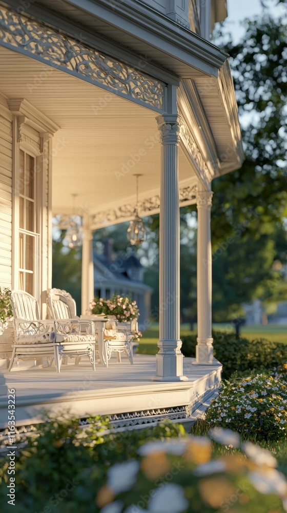 Sticker Peaceful porch scene at sunset. AI.