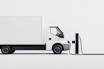 polished studio composition of electric delivery truck connected to heavy-duty charging unit with thick industrial-style