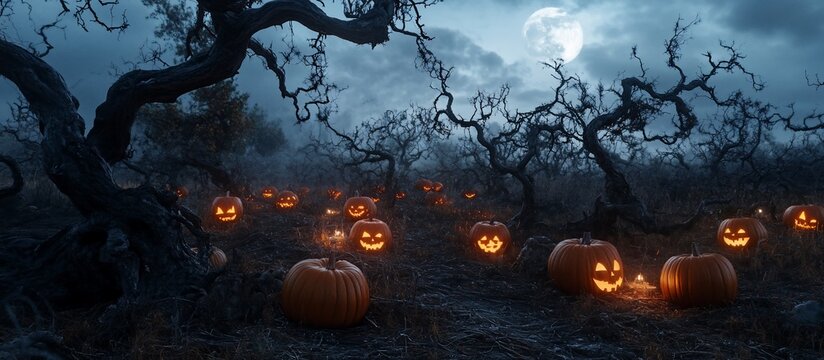 Halloween pumpkin patch at night under a full moon.