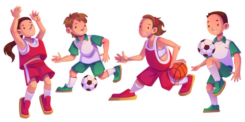 Kids playing soccer and basketball set isolated on white background. Vector cartoon illustration of happy teen boys and girls kicking and dribbling ball, team sports game, active healthy lifestyle